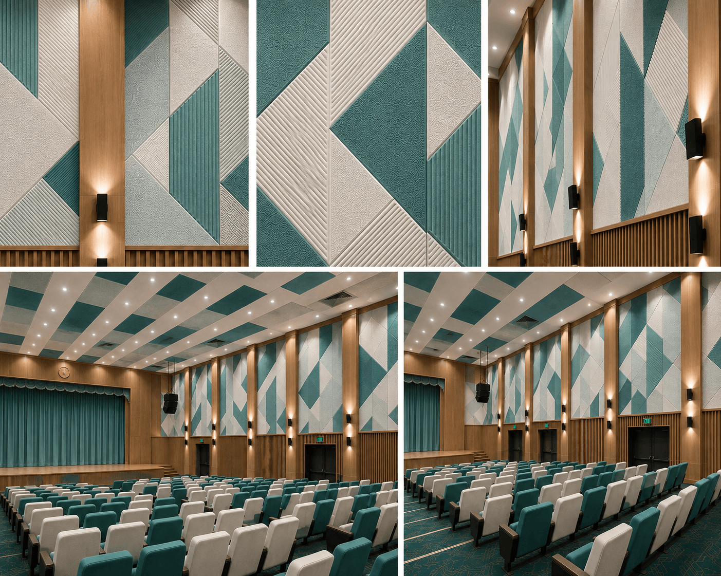 Collage of auditorium design visualisations with teal geometric acoustic wall panels, timber detailing, a stage and rows of teal and cream seats