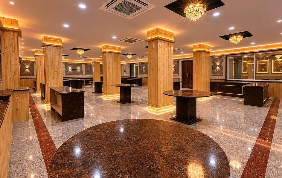 Banquet hall with pine-clad pillars, cove lighting and crystal chandeliers