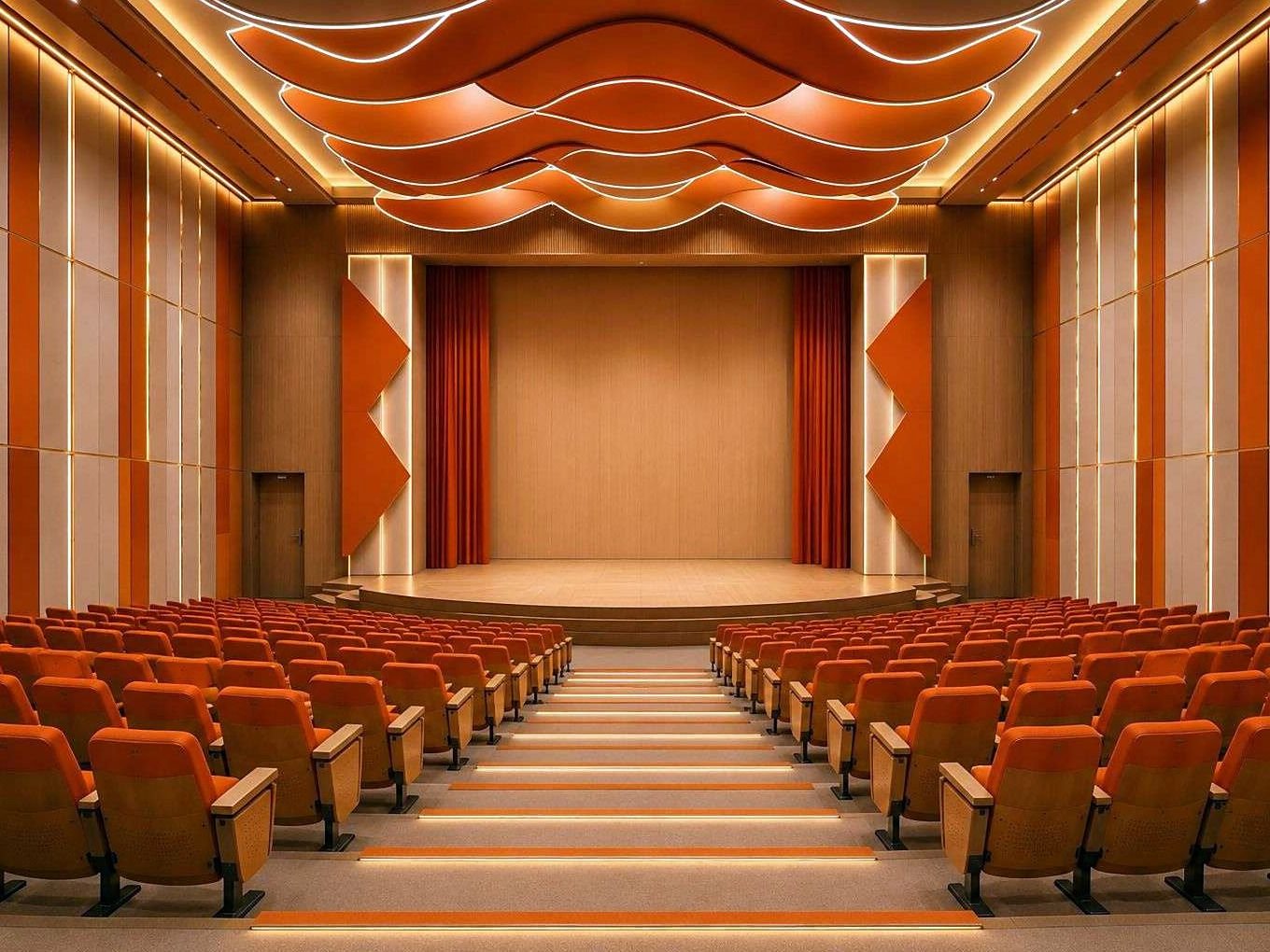Design visualisation of an auditorium with an orange wave-shaped ceiling, lit wall panels, orange seats and a lit central aisle with steps