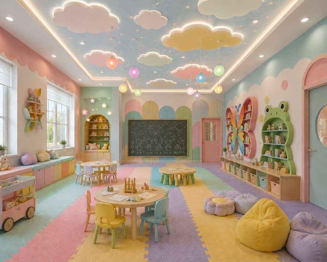 Design visualisation of a nursery classroom in pastel colours with cloud-shaped ceiling lights