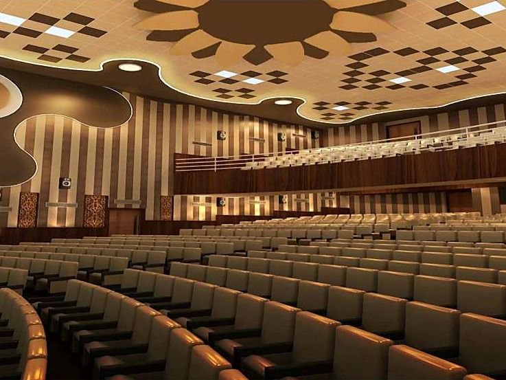 Design visualisation of an auditorium with a perforated metal ceiling, striped wall panelling and a balcony