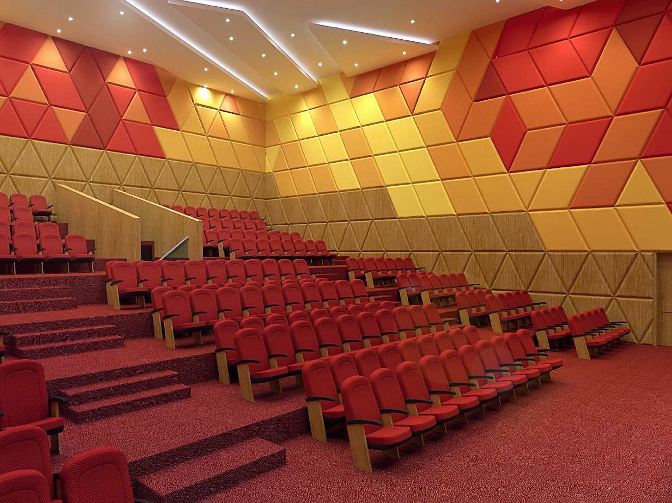 Design visualisation of raked red auditorium seating below geometric acoustic wall panels in red, orange and yellow